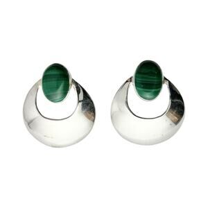 Ted Ott Vintage Sterling Silver 925 & Malachite Round Stud Hoop Earrings, Signed